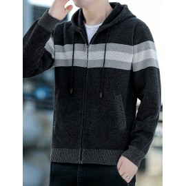 1pc Men'S Casual Color Block Chenille Hooded Knit Jacket - Polyester Long Sleeve Zip-Up with Slight Stretch, Regular Fit Hooded Sweater for Fall/Winter