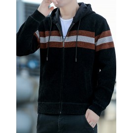 1pc Men'S Casual Color Block Chenille Hooded Knit Jacket - Polyester Long Sleeve Zip-Up with Slight Stretch, Regular Fit Hooded Sweater for Fall/Winter
