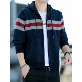1pc Men'S Casual Color Block Chenille Hooded Knit Jacket - Polyester Long Sleeve Zip-Up with Slight Stretch, Regular Fit Hooded Sweater for Fall/Winter