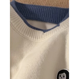 Men's Loose Color Block Cute Boy Graphic Print Fake Two-piece Knitted Pullover, Casual Long Sleeve Crew Neck Sweater For Fall