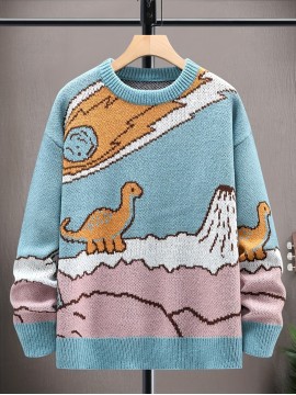 1pc Men'S Casual Round Neck Pullover Sweater, Polyester Knit with Animal Pattern, Loose Fit Long Sleeve for Autumn/Winter