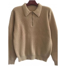 Men's Stylish Solid Knitted Shirt, Casual Slightly Stretch Breathable Lapel Zip Up Long Sleeve Shirt Top For City Walk Street Hanging K-pop Men's Stylish Solid Knitted Shirt, Casual Slightly Stretch Breathable Lapel Zip Up Long Sleeve Shirt Top For City Walk Street Hanging K-pop