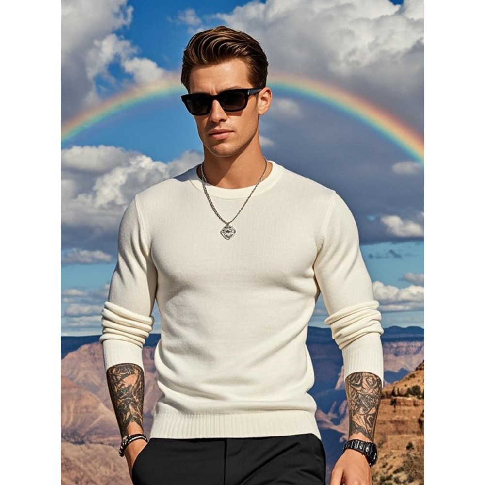 1pc HDW Men'S Casual Viscose Sweater - Crew Neck, Solid Color, Loose Fit, Knit Fabric with Slight Stretch, Regular Style 1pc HDW Men'S Casual Viscose Sweater - Crew Neck, Solid Color, Loose Fit, Knit Fabric with Slight Stretch, Regular Style