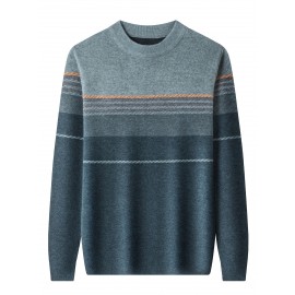 1pc Men'S Casual Striped Crew Neck Sweater, Polyester Knit Long Sleeve Pullover, Mature Style Solid Color Warm Top for Sports and Leisure