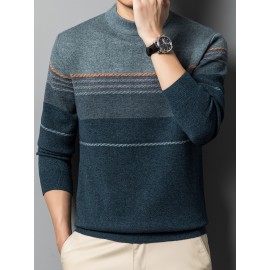 1pc Men'S Casual Striped Crew Neck Sweater, Polyester Knit Long Sleeve Pullover, Mature Style Solid Color Warm Top for Sports and Leisure