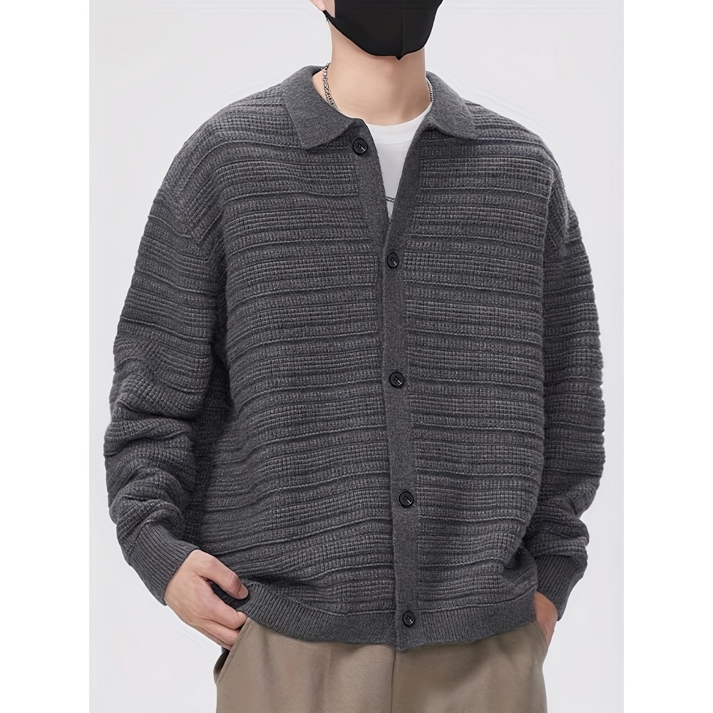 Men'S Fall/Winter Casual Rib-Knit Cardigan, Acrylic Blend, Preppy Style, Loose Fit, Relaxed Shoulder, Long Sleeve, Solid Color, Medium Stretch, Knit Fabric, with Lapel Collar and Open Front for Men Men'S Fall/Winter Casual Rib-Knit Cardigan, Acrylic Blend, Preppy Style, Loose Fit, Relaxed Shoulder, Long Sleeve, Solid Color, Medium Stretch, Knit Fabric, with Lapel Collar and Open Front for Men