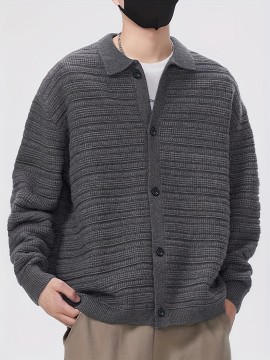 Men'S Fall/Winter Casual Rib-Knit Cardigan, Acrylic Blend, Preppy Style, Loose Fit, Relaxed Shoulder, Long Sleeve, Solid Color, Medium Stretch, Knit Fabric, with Lapel Collar and Open Front for Men