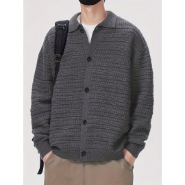 Men'S Fall/Winter Casual Rib-Knit Cardigan, Acrylic Blend, Preppy Style, Loose Fit, Relaxed Shoulder, Long Sleeve, Solid Color, Medium Stretch, Knit Fabric, with Lapel Collar and Open Front for Men Men'S Fall/Winter Casual Rib-Knit Cardigan, Acrylic Blend, Preppy Style, Loose Fit, Relaxed Shoulder, Long Sleeve, Solid Color, Medium Stretch, Knit Fabric, with Lapel Collar and Open Front for Men