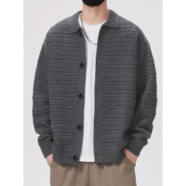 Men'S Fall/Winter Casual Rib-Knit Cardigan, Acrylic Blend, Preppy Style, Loose Fit, Relaxed Shoulder, Long Sleeve, Solid Color, Medium Stretch, Knit Fabric, with Lapel Collar and Open Front for Men Men'S Fall/Winter Casual Rib-Knit Cardigan, Acrylic Blend, Preppy Style, Loose Fit, Relaxed Shoulder, Long Sleeve, Solid Color, Medium Stretch, Knit Fabric, with Lapel Collar and Open Front for Men