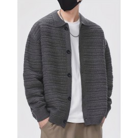Men'S Fall/Winter Casual Rib-Knit Cardigan, Acrylic Blend, Preppy Style, Loose Fit, Relaxed Shoulder, Long Sleeve, Solid Color, Medium Stretch, Knit Fabric, with Lapel Collar and Open Front for Men Men'S Fall/Winter Casual Rib-Knit Cardigan, Acrylic Blend, Preppy Style, Loose Fit, Relaxed Shoulder, Long Sleeve, Solid Color, Medium Stretch, Knit Fabric, with Lapel Collar and Open Front for Men