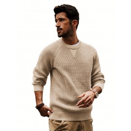 Men Waffle Textured Sweater Long Raglan Sleeve Crew Neck Ribbed Cuff Pullover
