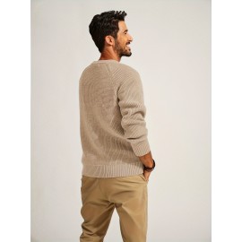 Men Waffle Textured Sweater Long Raglan Sleeve Crew Neck Ribbed Cuff Pullover