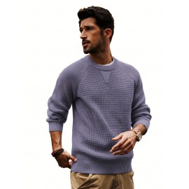 Men Waffle Textured Sweater Long Raglan Sleeve Crew Neck Ribbed Cuff Pullover