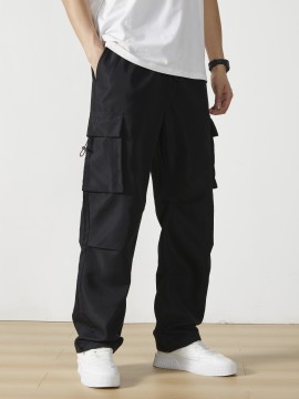 Men's Casual Flap Pocket Straight Leg Cargo Pants, Street Style Casual Pants For Outdoor Activities