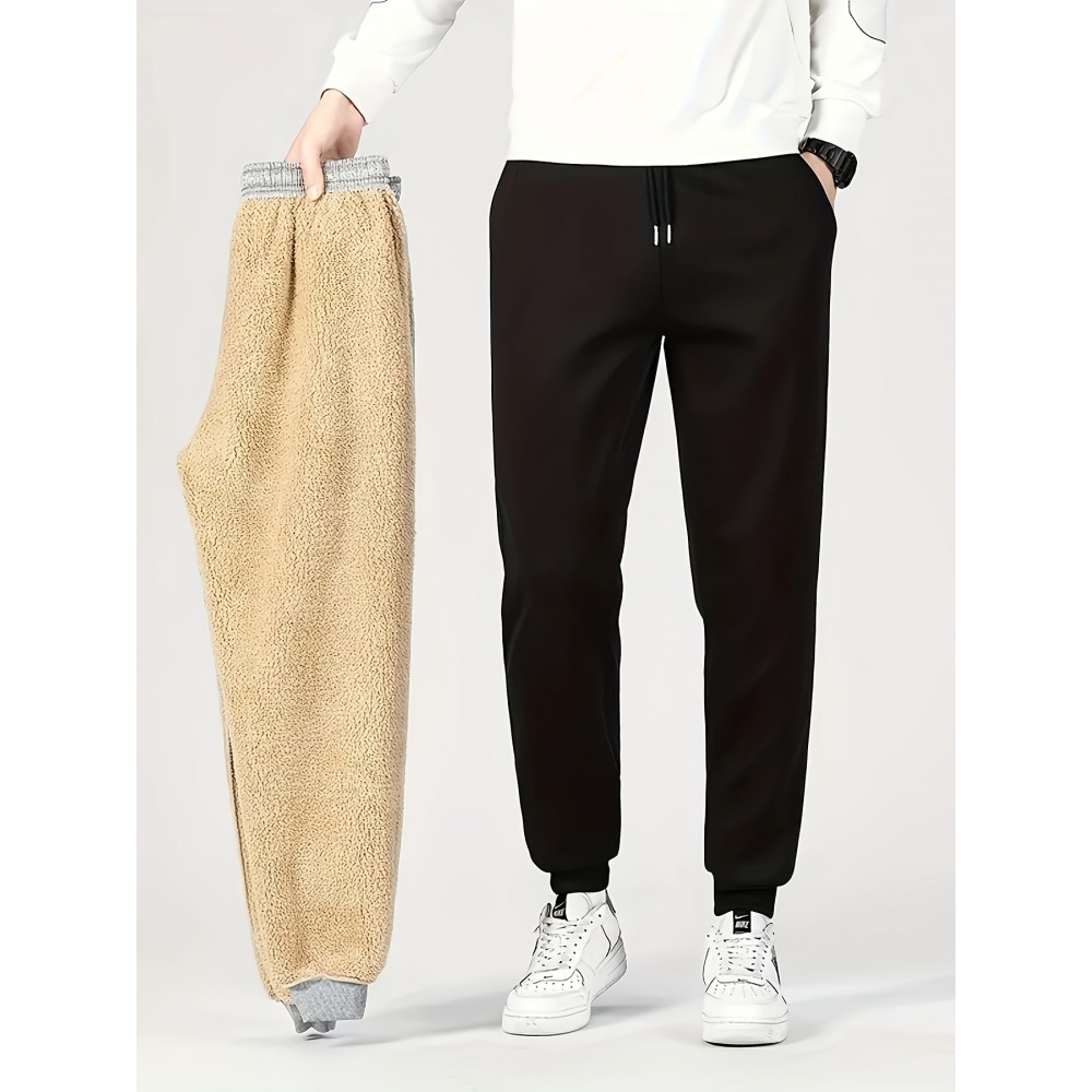 1pc Men'S Casual Mid Waist Sweatpants,  Fall/Winter Thick Fleece Lined, Solid Color Polyester Knit Fabric, Non-Stretch, Regular Fit Drawstring Waist, Weekend Comfort Warmth, No Belt - Polyester Fiber Filled 1pc Men'S Casual Mid Waist Sweatpants,  Fall/Winter Thick Fleece Lined, Solid Color Polyester Knit Fabric, Non-Stretch, Regular Fit Drawstring Waist, Weekend Comfort Warmth, No Belt - Polyester Fiber Filled
