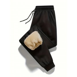 1pc Men'S Casual Mid Waist Sweatpants,  Fall/Winter Thick Fleece Lined, Solid Color Polyester Knit Fabric, Non-Stretch, Regular Fit Drawstring Waist, Weekend Comfort Warmth, No Belt - Polyester Fiber Filled 1pc Men'S Casual Mid Waist Sweatpants,  Fall/Winter Thick Fleece Lined, Solid Color Polyester Knit Fabric, Non-Stretch, Regular Fit Drawstring Waist, Weekend Comfort Warmth, No Belt - Polyester Fiber Filled