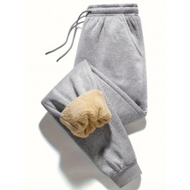 1pc Men'S Casual Mid Waist Sweatpants,  Fall/Winter Thick Fleece Lined, Solid Color Polyester Knit Fabric, Non-Stretch, Regular Fit Drawstring Waist, Weekend Comfort Warmth, No Belt - Polyester Fiber Filled 1pc Men'S Casual Mid Waist Sweatpants,  Fall/Winter Thick Fleece Lined, Solid Color Polyester Knit Fabric, Non-Stretch, Regular Fit Drawstring Waist, Weekend Comfort Warmth, No Belt - Polyester Fiber Filled