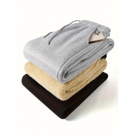 1pc Men'S Casual Mid Waist Sweatpants,  Fall/Winter Thick Fleece Lined, Solid Color Polyester Knit Fabric, Non-Stretch, Regular Fit Drawstring Waist, Weekend Comfort Warmth, No Belt - Polyester Fiber Filled 1pc Men'S Casual Mid Waist Sweatpants,  Fall/Winter Thick Fleece Lined, Solid Color Polyester Knit Fabric, Non-Stretch, Regular Fit Drawstring Waist, Weekend Comfort Warmth, No Belt - Polyester Fiber Filled