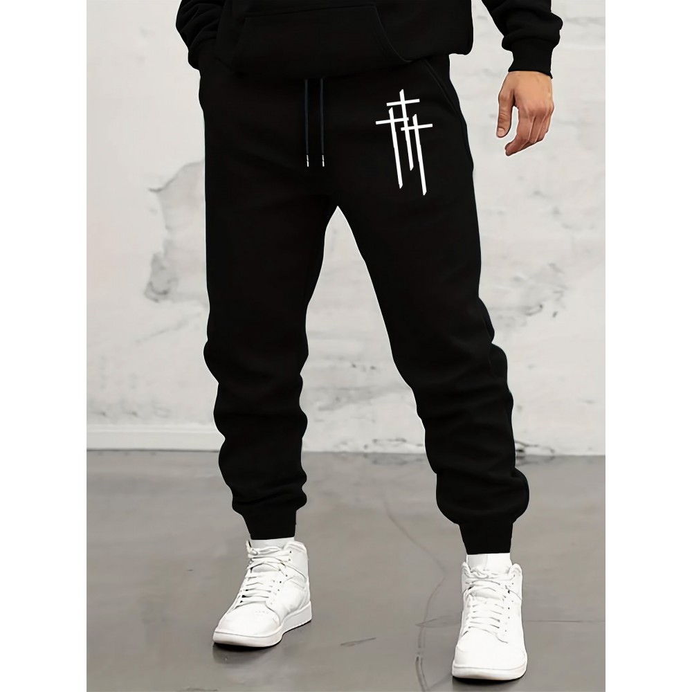 Men's Casual Athletic Joggers With Stretch Waist And Drawstring - Knitted Sport Sweatpants With Cross Print, Pockets, And Relaxed Fit Men's Casual Athletic Joggers With Stretch Waist And Drawstring - Knitted Sport Sweatpants With Cross Print, Pockets, And Relaxed Fit