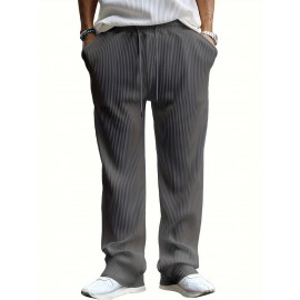 Men's Drawstring Pants Mid Waist Straight Leg Long Pants Casual Solid Color Ribbed Pants