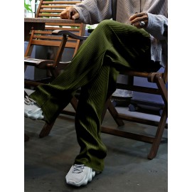 Men's Drawstring Pants Mid Waist Straight Leg Long Pants Casual Solid Color Ribbed Pants