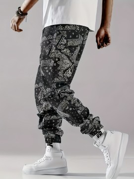 Stylish Paisley Print, Men's Casual Cuffed Pants, Breathable Lightweight Comfy Drawstring Pants