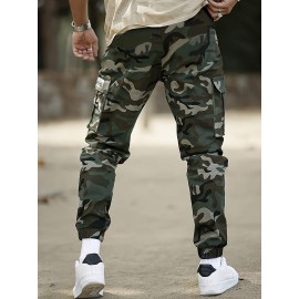 Men's Camo Cargo Pants with Flap Pockets & Drawstring Waist - Casual Outdoor Workwear, Polyester