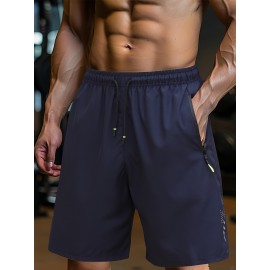 Men's Solid Shorts With Zipper Pockets, Casual Elastic Waist Drawstring Shorts For Summer