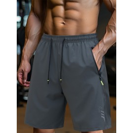 Men's Solid Shorts With Zipper Pockets, Casual Elastic Waist Drawstring Shorts For Summer
